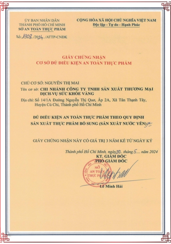 CHỨNG NHẬN CƠ SỞ ĐỦ ĐIỀU KIỆN AN TOÀN THỰC PHẨM