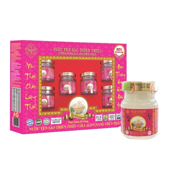 Nước Yến sào cao cấp Thiên Triều Collagen Nano thủy phân 25% yến tươi (Hộp 6 lọ)
